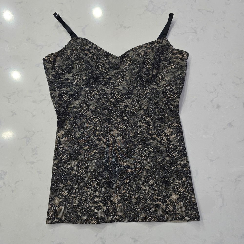 Y2K Vintage Glam Black Lace Flocked Paisley Camisole Tan | Large
